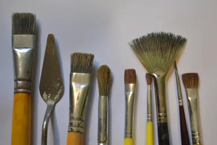 Paintbrushes of different sizes laid out on a work table