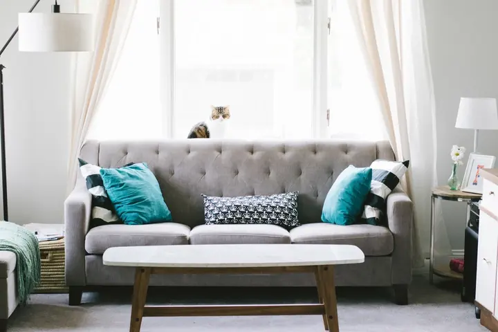 A bright living room with sunlight streaming across light walls