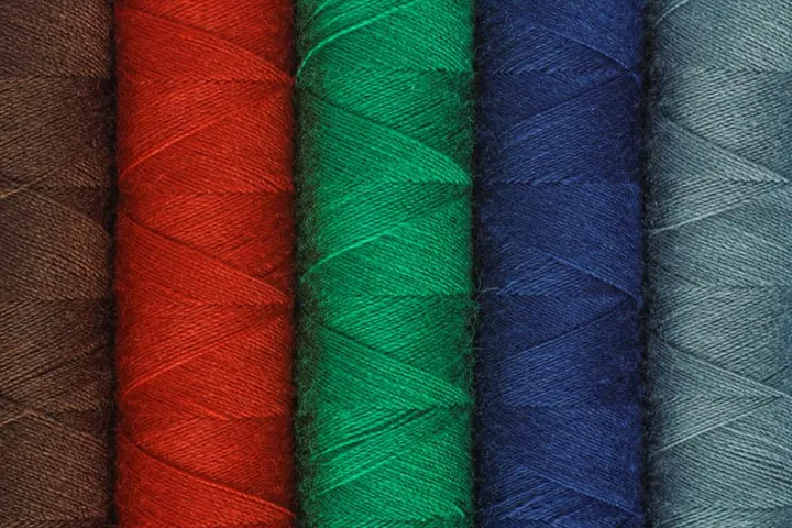 Colorful spools of thread lined up on a shelf